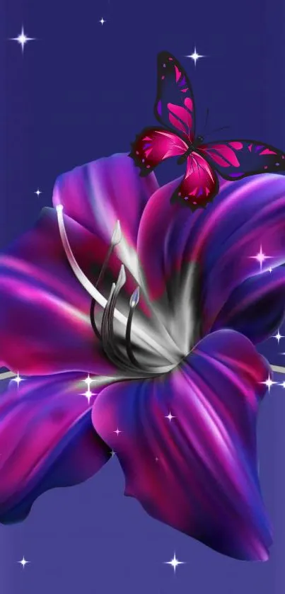 Purple flower with pink butterfly against a starry night sky background.