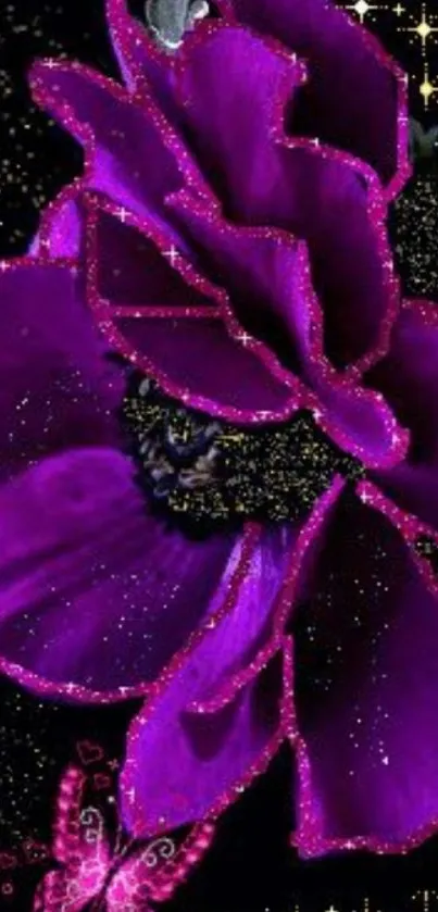 Purple flower with pink butterfly glittering in dark.