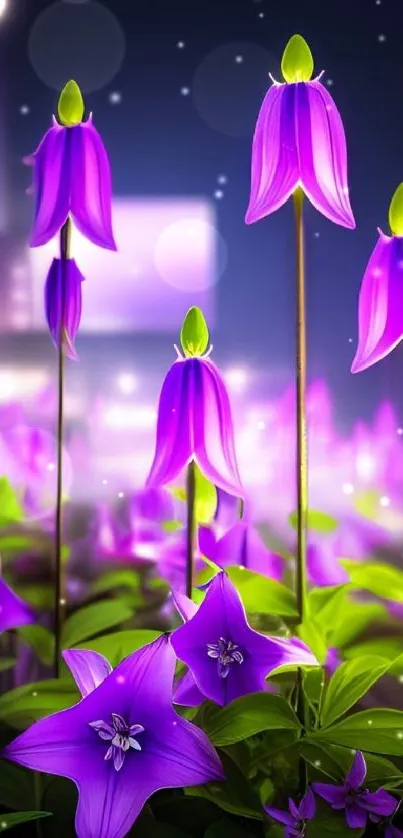 Purple flowers against a blurred cityscape at night.