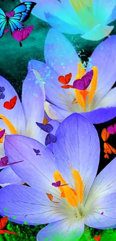 Vibrant purple flowers with a butterfly on a black background.