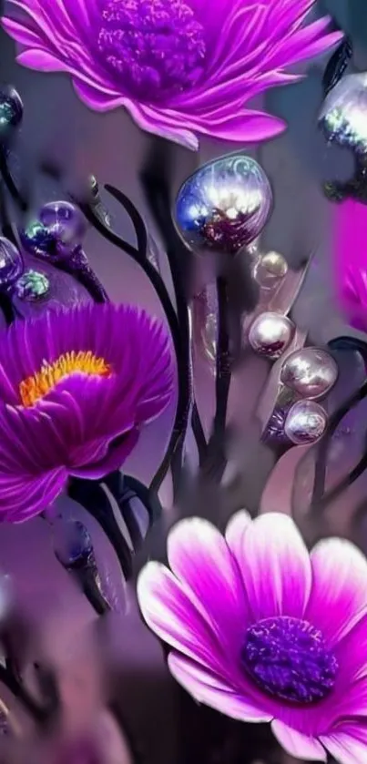 Vibrant purple flowers with intricate designs on a mobile wallpaper.