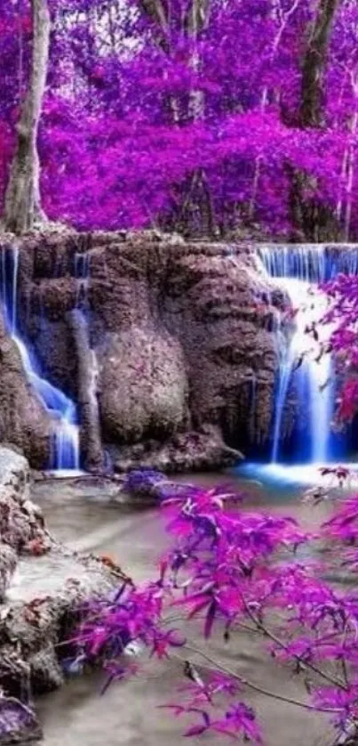 Purple forest waterfall with vibrant foliage.