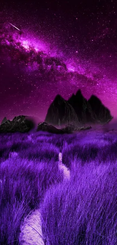 Purple landscape with a vibrant galaxy, perfect for phone wallpaper.