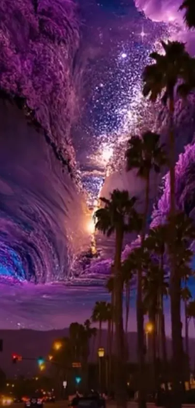 Purple galaxy swirls above a palm-lined street at night.
