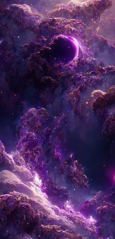 A vibrant purple galaxy wallpaper featuring cosmic clouds.