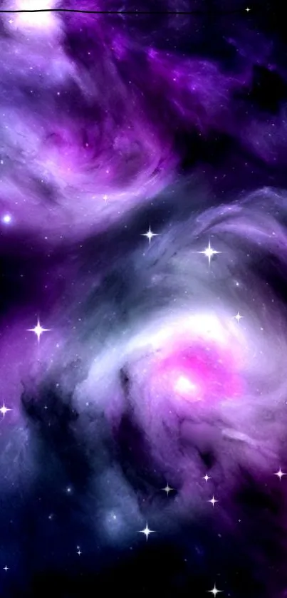 A vibrant purple galaxy wallpaper with twinkling stars and cosmic clouds.