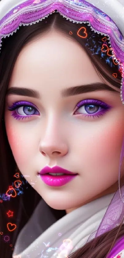 Artistic portrait with purple highlights and an elegant headscarf design.