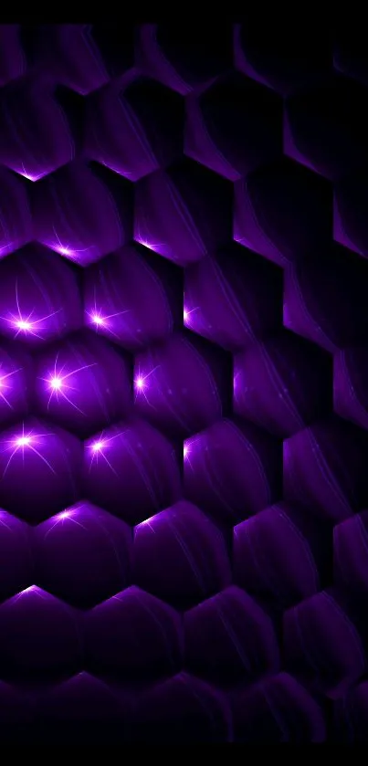 Vibrant purple geometric wallpaper with glowing hexagons.