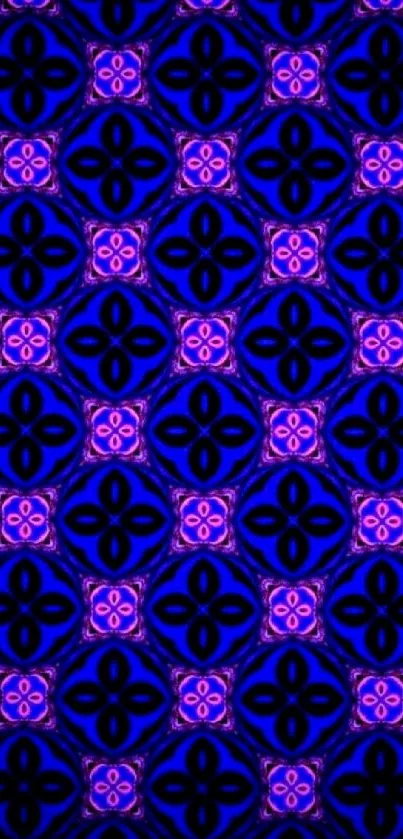 Geometric neon pattern wallpaper with electric blue and pink hues.