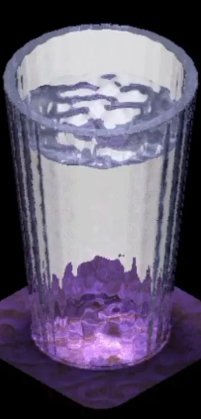 Artistic glass cup with subtle purple glow on black background.