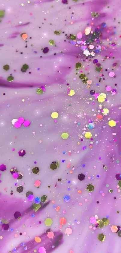 A vibrant purple wallpaper with glitter sparkles and colorful abstract swirls.