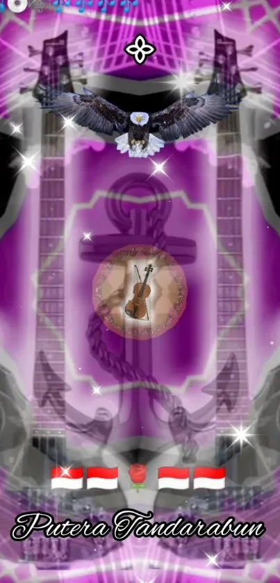 Artistic purple wallpaper with guitar and eagle design.