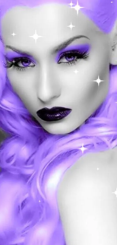 Woman with vibrant purple hair in a monochrome background.