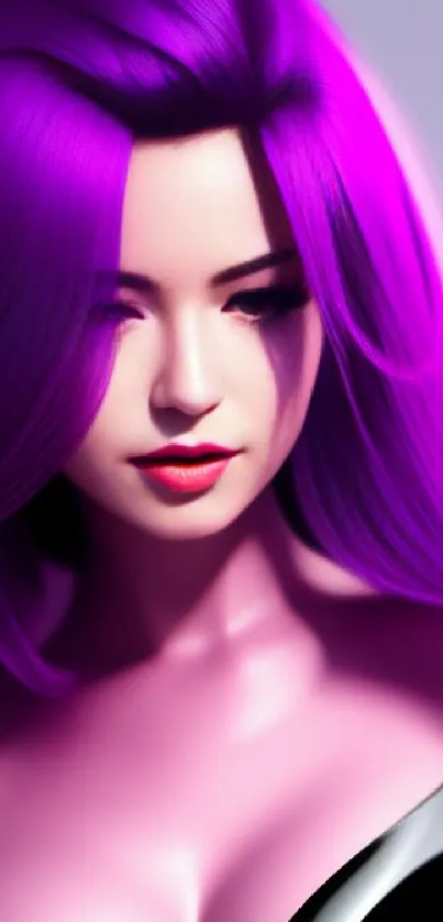 Vibrant portrait of woman with purple hair in elegant style.