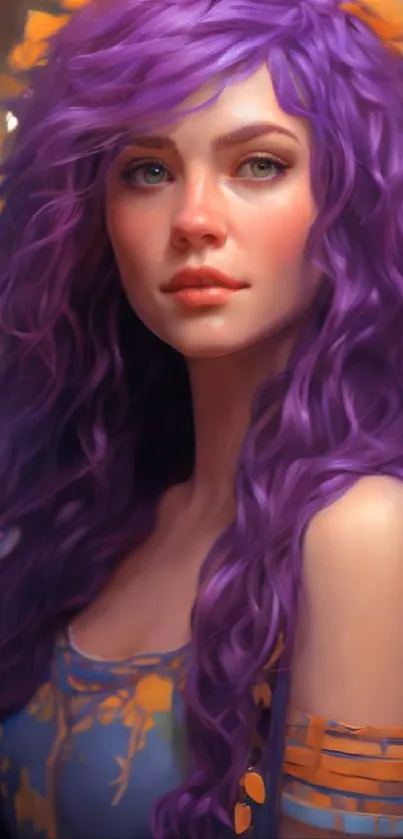 Digital art of a girl with vibrant purple hair and floral accents.