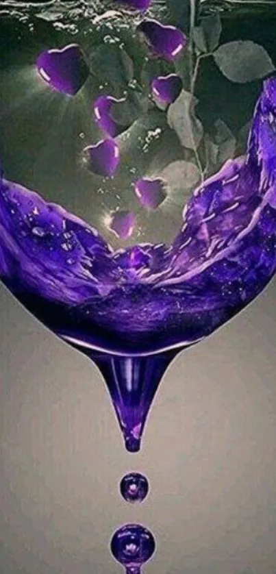 Purple glass with floating hearts and abstract art design.