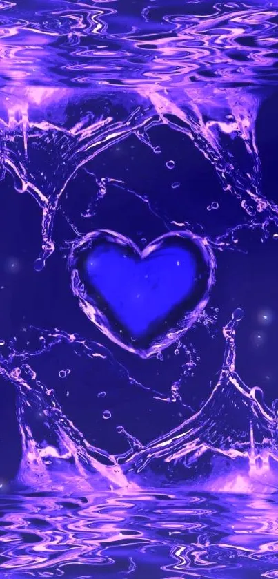 Vibrant mobile wallpaper with a purple heart and water splashes.