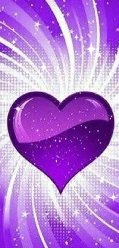 Purple heart with sparkles and swirls on a vibrant background.