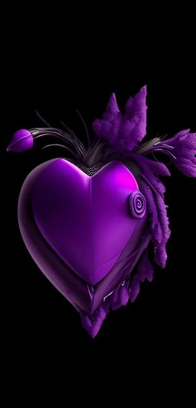 Purple heart with floral accents on black wallpaper.