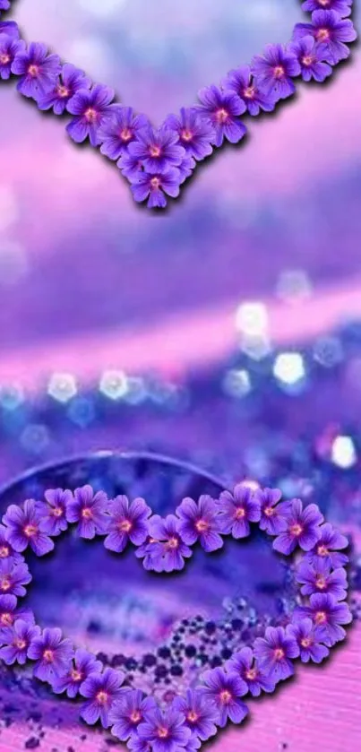 Purple floral heart with sparkling background wallpaper.