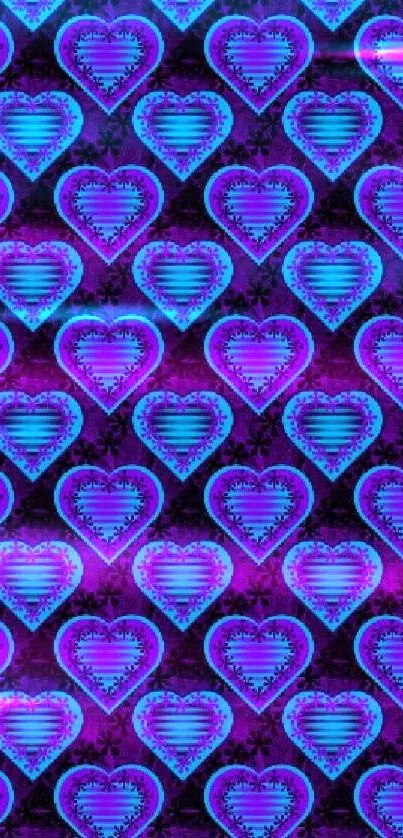 Vibrant purple and blue heart patterned mobile wallpaper.