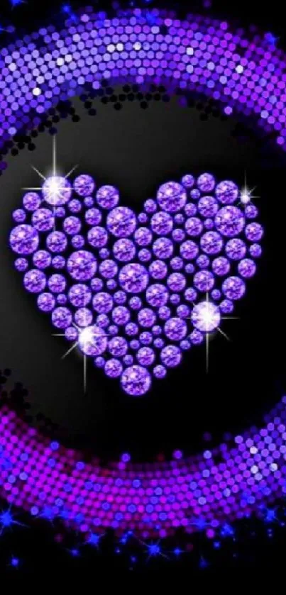 Purple heart wallpaper with sparkling diamonds on a dark background.