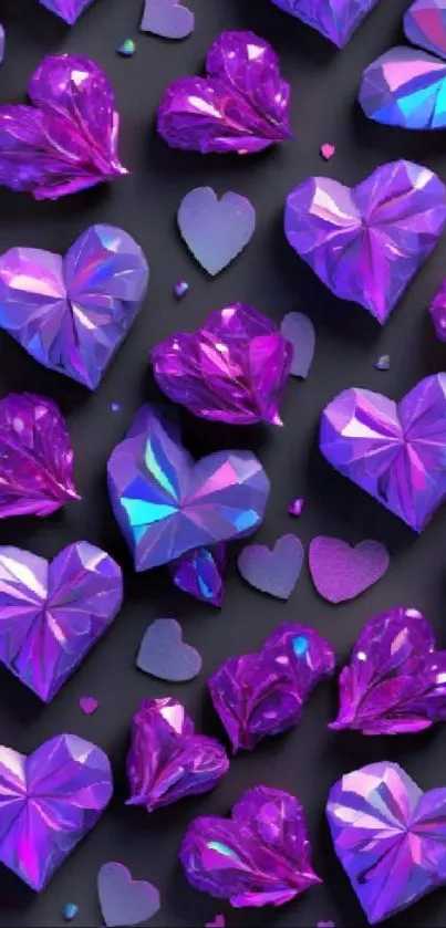 Vibrant purple faceted hearts on a dark background wallpaper.