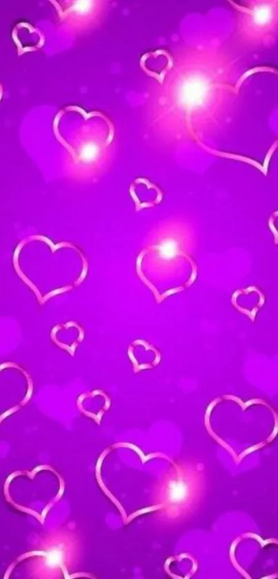 Vibrant purple wallpaper with glowing heart shapes.