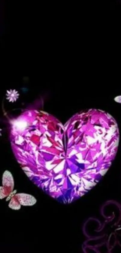 Vibrant purple heart with butterflies on a black background.