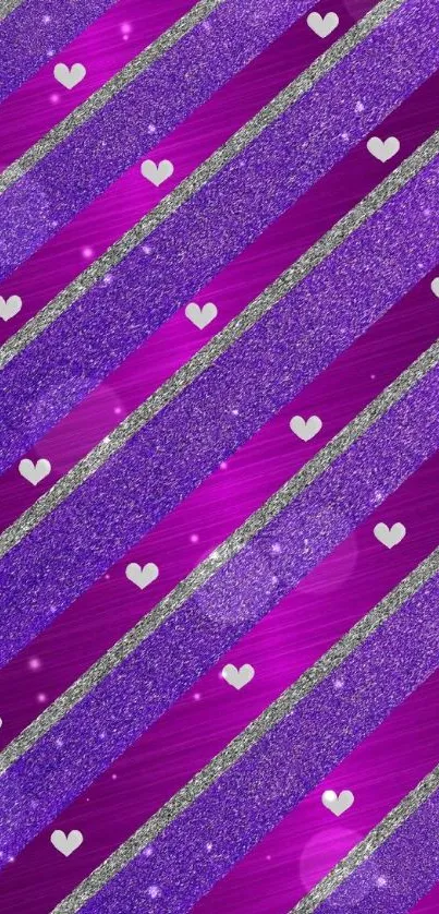 Colorful purple wallpaper with hearts and stripes design.