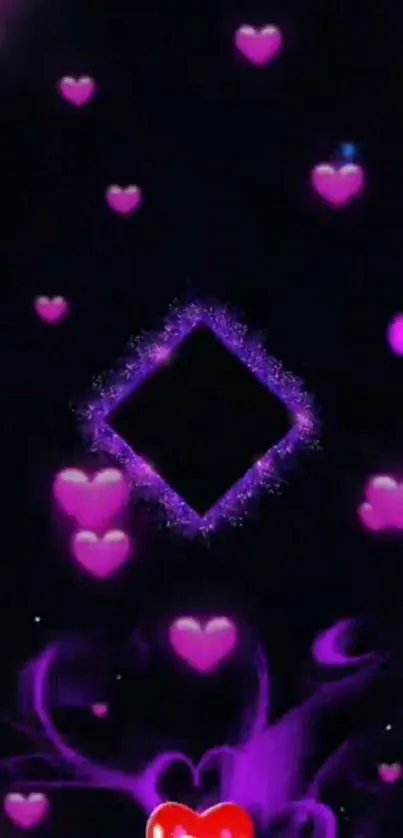 Purple hearts on a dark themed wallpaper with a glowing diamond shape.