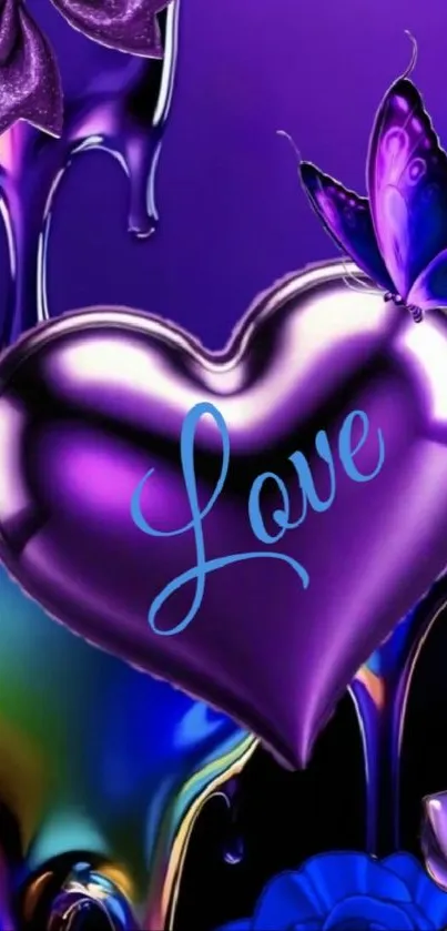 Purple heart wallpaper with butterfly and rainbow hues.