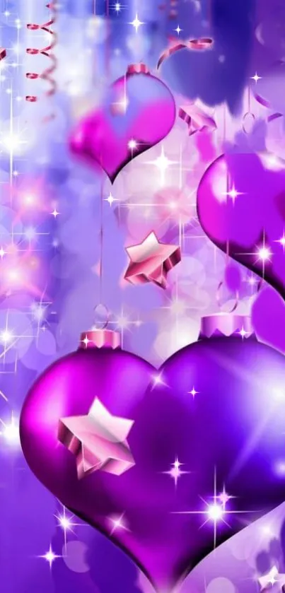 Vibrant purple heart ornaments with stars and sparkles.