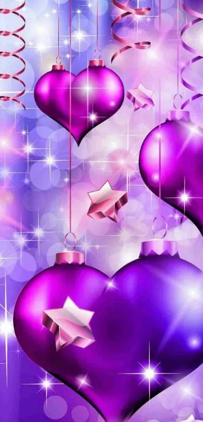 Purple heart ornaments with stars on a festive background.