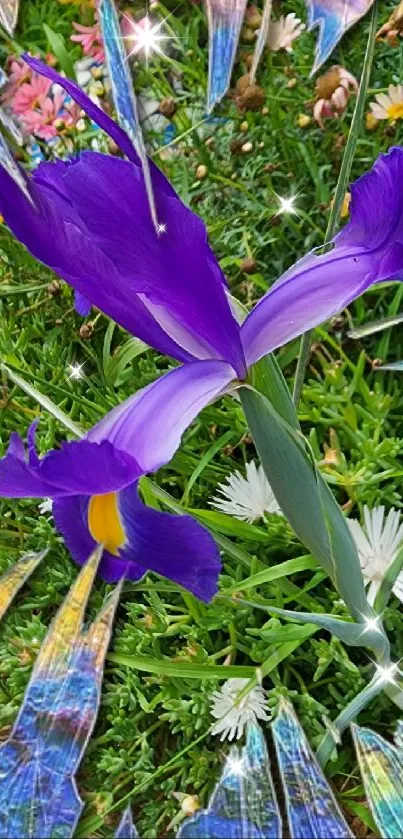 Purple iris flower with vibrant artistic frame design.