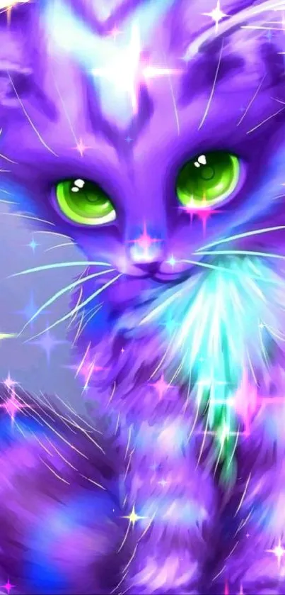 Vibrant purple kitten with green eyes in digital art style.