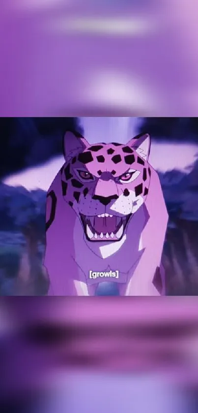 Purple leopard growling in jungle scene, vivid colors.