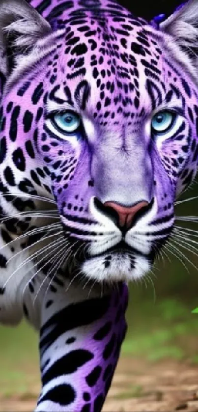 Vibrant purple leopard with striking blue eyes in a nature setting.