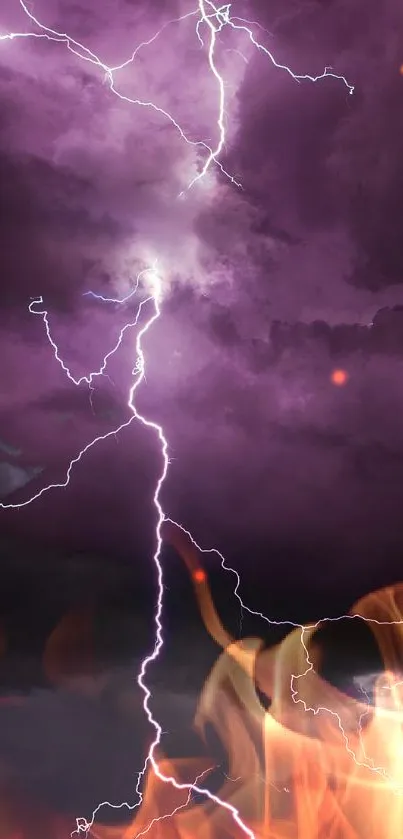 Vibrant purple lightning storms at night sky.