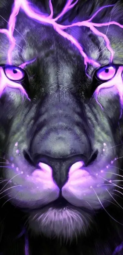 Purple lion with electric lightning design in vibrant mobile wallpaper.