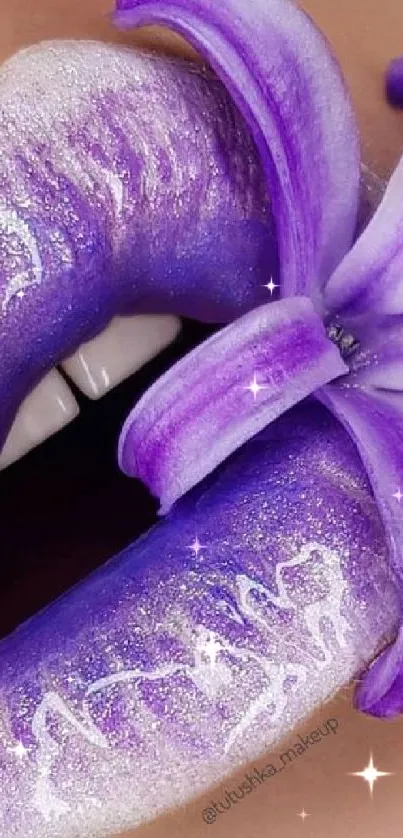 Close-up of purple lips with a flower accent.