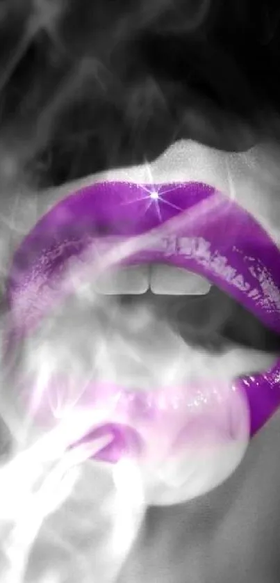 Mobile wallpaper with vibrant purple lips and swirling smoke effect.