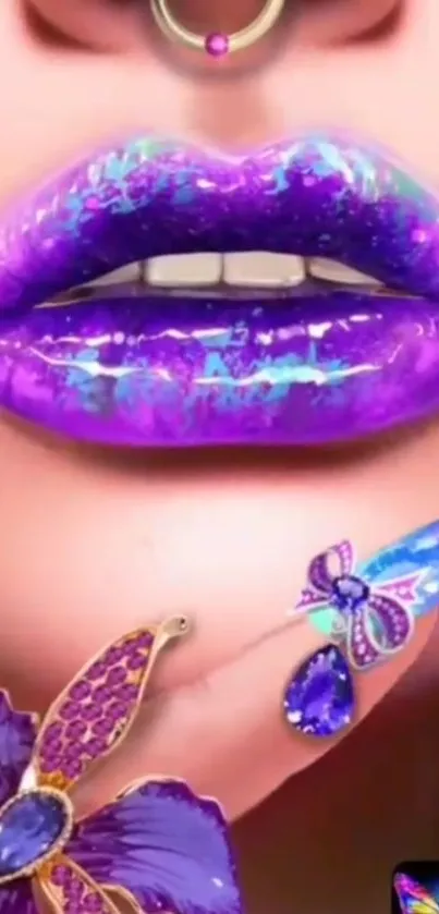 Vibrant purple lips with jewelry design on wallpaper.