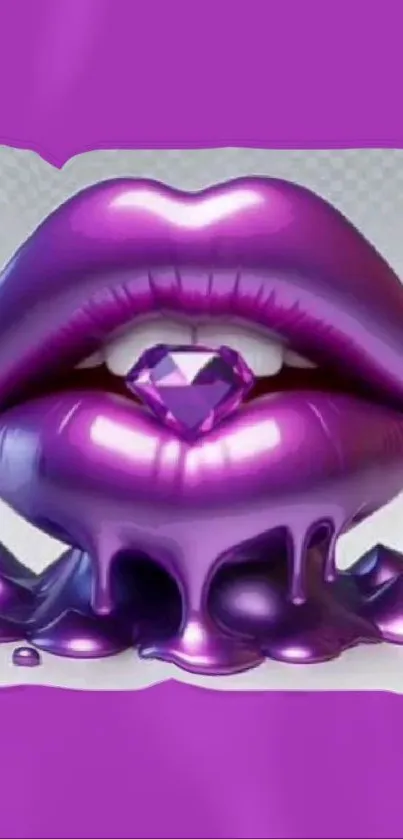 Purple lips holding a gem, dripping with shine.