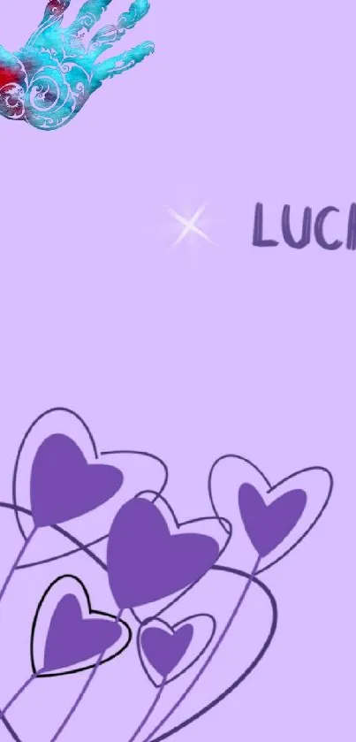 Vibrant purple wallpaper with hearts and hand design.