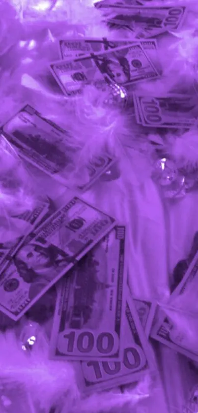 Purple wallpaper with USD bills and feathers.