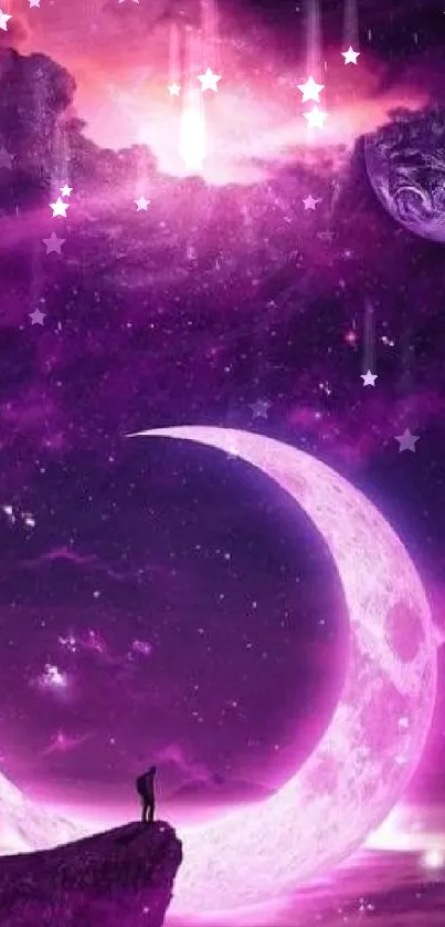 Purple moon in cosmic sky, vibrant celestial art.