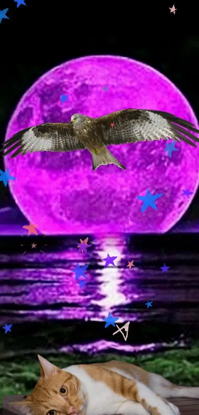 Purple moon, bird, cat, and ocean in a mystical mobile wallpaper.