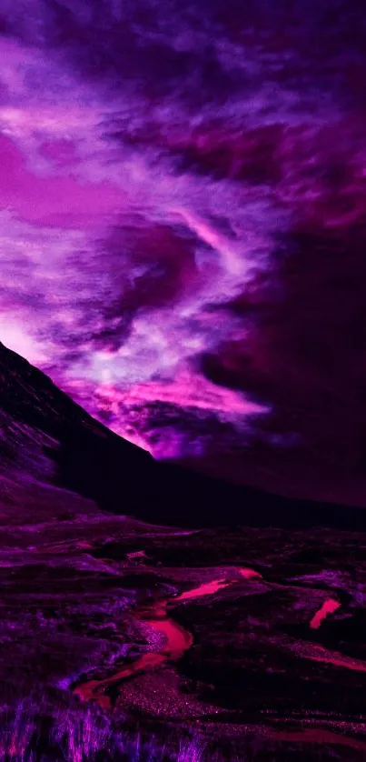 Mobile wallpaper with vibrant purple sky and mountains.