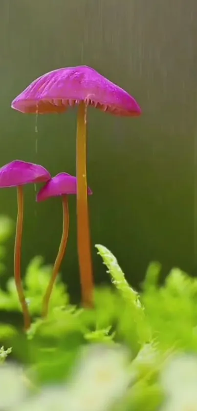 Purple mushrooms in lush greenery.